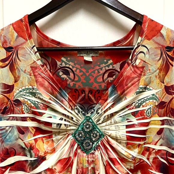 Boho Artsy Embellished Empire Waist Tunic Top Plus Size 3X live and let live - Picture 3 of 9